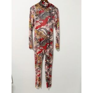 Unbranded Jumpsuit Womens Multicolor Dragon Koi Mesh Open Back Mock Neck Tattoo